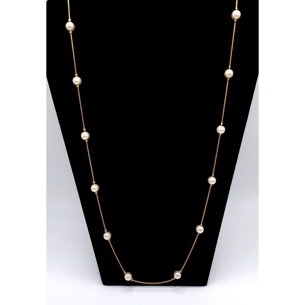 Gold Tone Faux Pearl Station Necklace Layered 30in - Picture 4 of 4